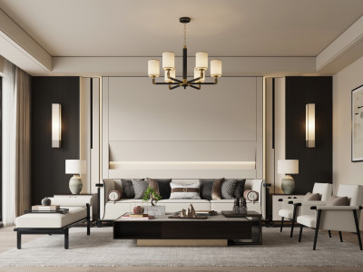 新中式客厅 沙发茶几组合SU模型