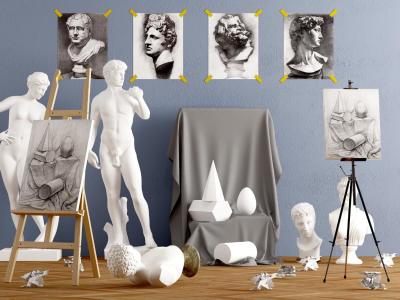 现代画架 素描石膏雕像 美术教室SU模型
