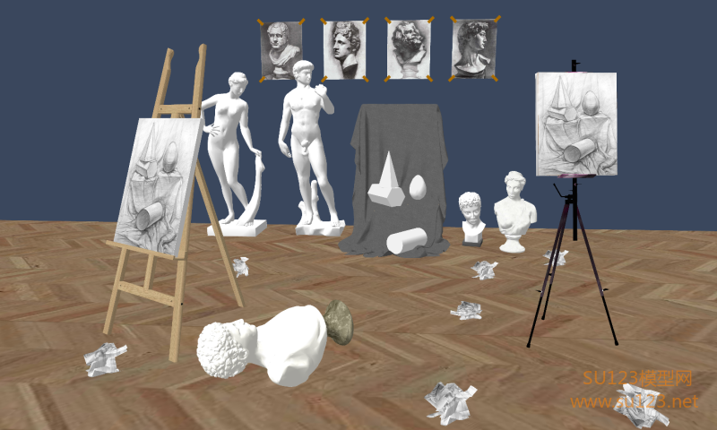现代画架 素描石膏雕像 美术教室SU模型