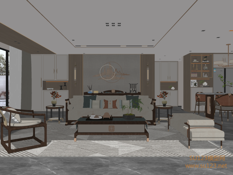 新中式客厅 新中式沙发组合SU模型