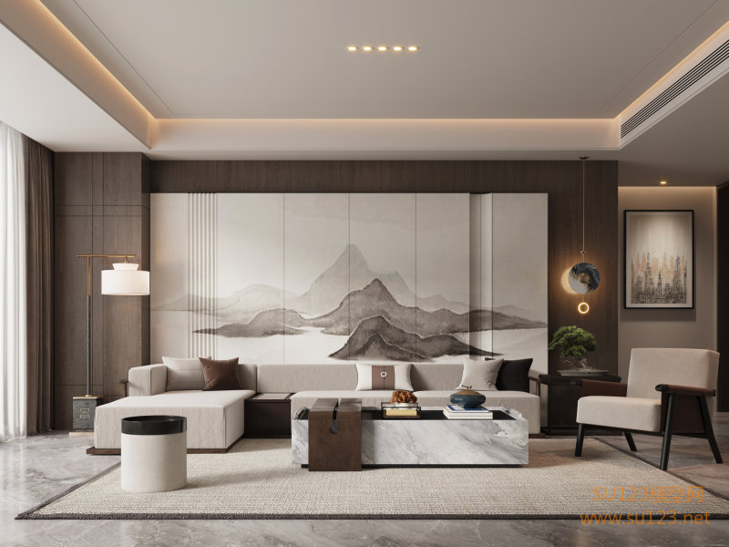 新中式客厅  新中式沙发茶几SU模型